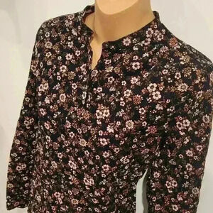 Lands End Micro Corduroy 1/4 Button Multicolor Floral Long Sleeve Blouse Top